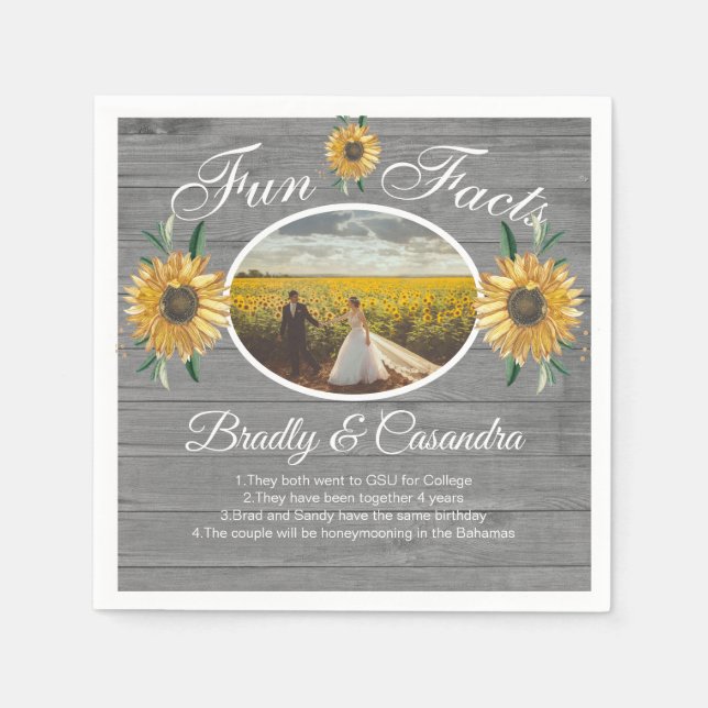Rustic Wedding Fun Facts Sunflower Grey Wood Napki Napkin (Front)