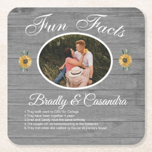 Rustic Wedding Fun Facts Sunflower Grey Wood  Square Paper Coaster