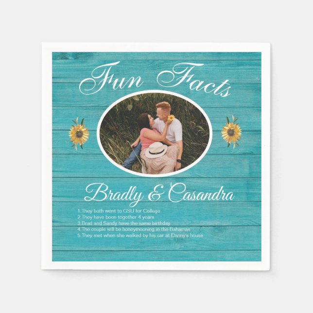 Rustic Wedding Fun Facts Sunflower Light Teal Wood Napkin (Front)