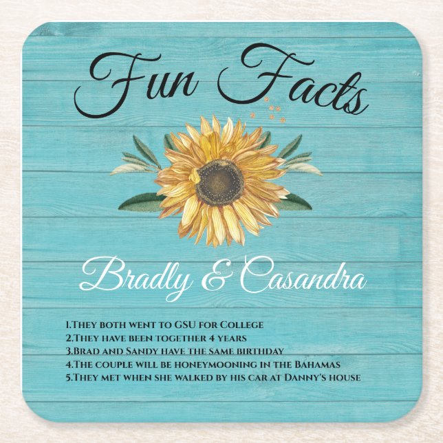 Rustic Wedding Fun Facts Sunflower Light Teal Wood Square Paper Coaster (Front)