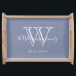Rustic Wedding Gift Monogram Family Name Blue  Serving Tray<br><div class="desc">Rustic Wedding Gift Monogram Family Name Simple Elegant Light Blue Serving Tray. Personalised monogram initial, with the family's last name or your name and established date in white script lettering on a light blue background. A unique gift for weddings, newlyweds, and bridal shower gifts. It is lovely for their new...</div>