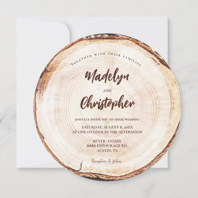 Rustic Wedding Handlettering Script Wood Cut Slice Invitation (Front)