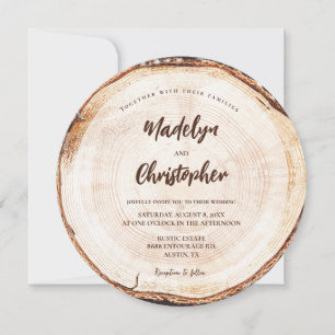 Rustic Wedding Handlettering Script Wood Cut Slice Invitation