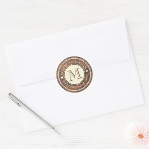 Rustic Wedding Heart Monogram in Dark Walnut Classic Round Sticker