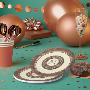 Rustic Wedding Heart Monogram in DarkWalnut Circle Paper Plate