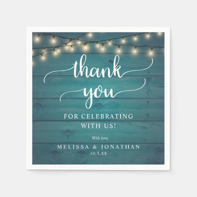 Rustic Wedding, in Teal Wood Background, Thank you Napkin (Front)