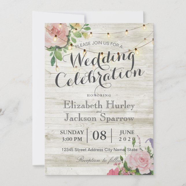 Rustic Wedding Invitation Floral Wood String Light (Front)