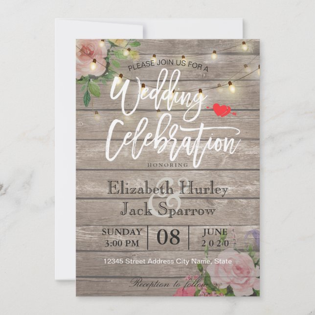 Rustic Wedding Invitation Floral Wood String Light (Front)