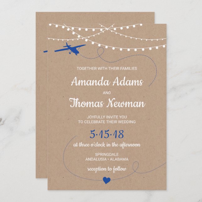 Rustic Wedding Invitation with a plane and lights (Front/Back)