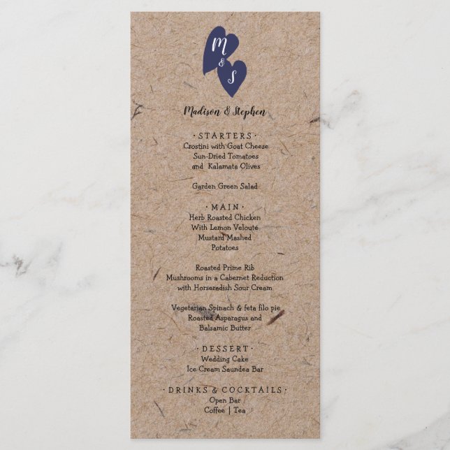 Rustic Wedding | Kraft Paper Monogram Navy Heart Menu (Front)