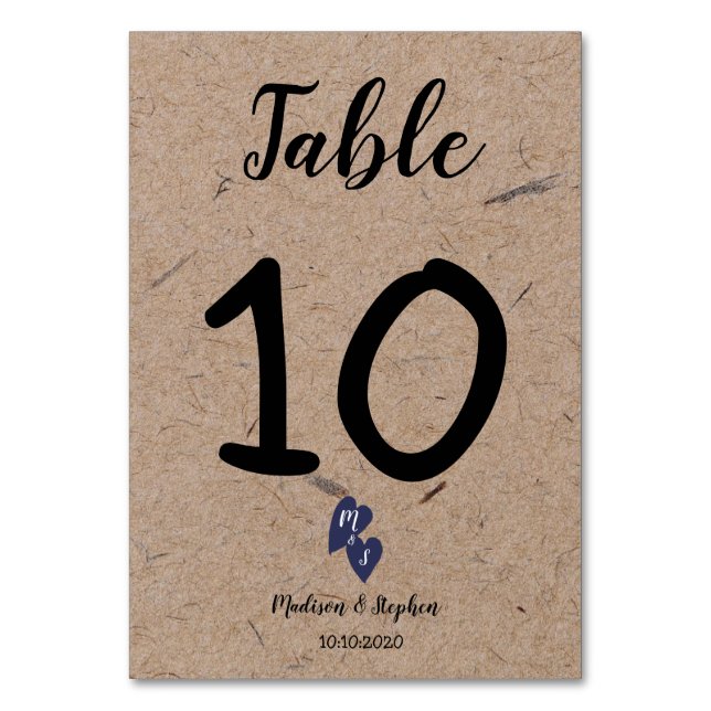 Rustic Wedding | Kraft Paper Monogram Navy Heart Table Number (Front)