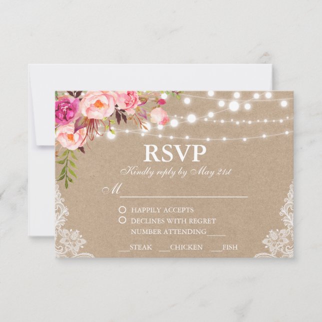 Rustic Wedding Kraft Pink Floral Lace RSVP Meal Card (Front)