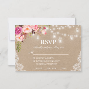 Rustic Wedding Kraft Pink Floral Lights RSVP Meal Card