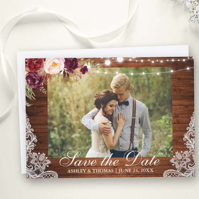Rustic Wedding Lace Burgundy Floral Save the Date (Customize to change text size, style or to add more text to back of card.)