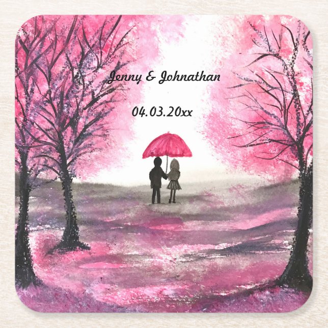 Rustic wedding love couple cherry blossoms tree square paper coaster (Front)