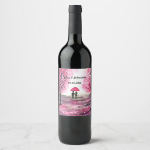Rustic wedding love couple cherry blossoms tree wine label