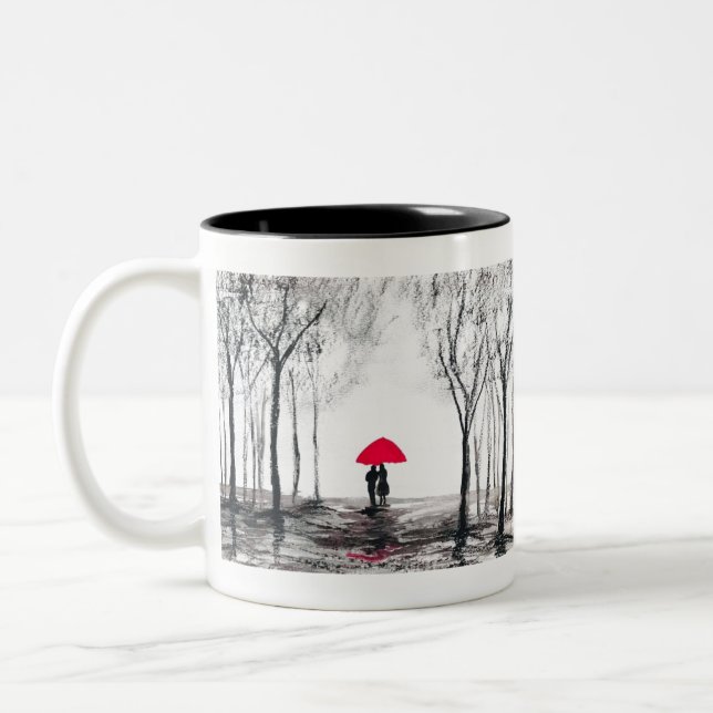 Rustic wedding love couple red umbrella chic Two-Tone coffee mug (Left)