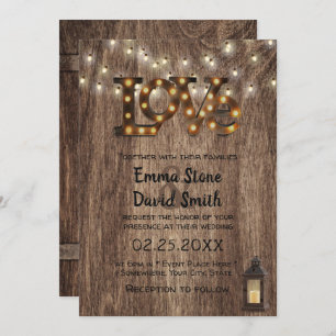 Rustic Wedding Love Sign Lantern & String Lights Invitation