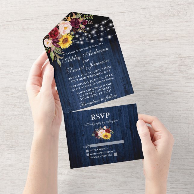 Rustic Wedding Mixed Floral Blue Wood Lights All In One Invitation (Tearaway)