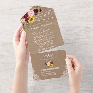 Rustic Wedding Mixed Floral Lights Lace Kraft All In One Invitation