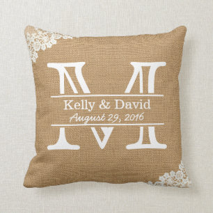 Rustic Wedding Monogram Faux Burlap & Lace Cushion