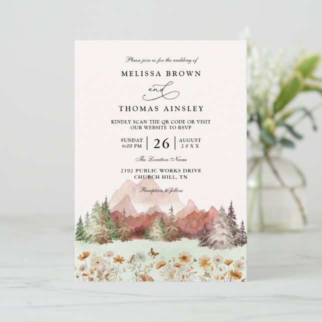 Rustic Wedding Mountain Wildflower QR Code Wedding Invitation (Standing Front)