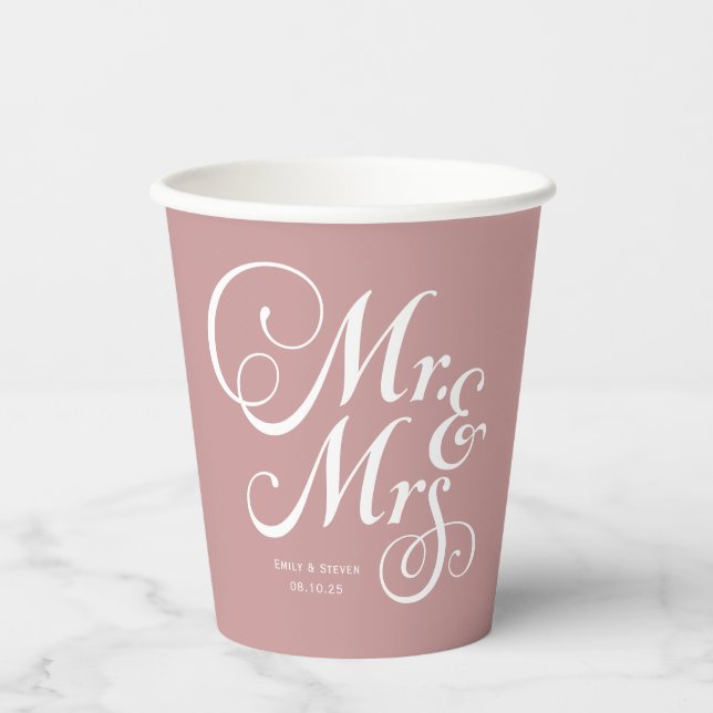 Rustic wedding mr & mrs Dusty Pink personalised Paper Cups (Front)