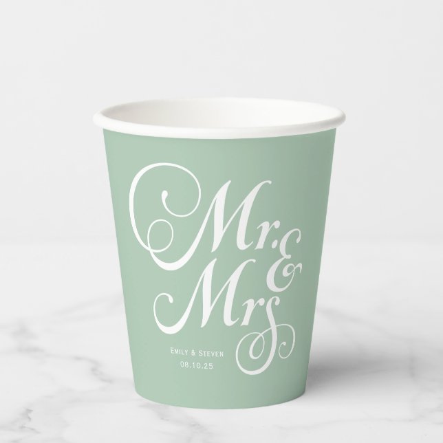 Rustic wedding mr & mrs Sage Green personalised Paper Cups (Front)