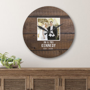 Rustic Wedding Photo Name Dark Brown Wood Plank Large Clock