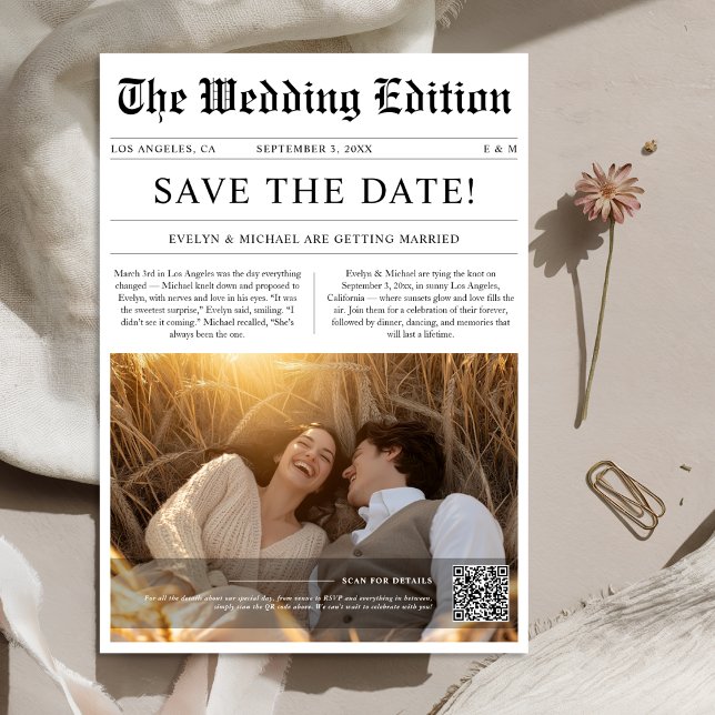 Rustic Wedding Photo Newspaper Style QR Code Save The Date (Creator Uploaded)