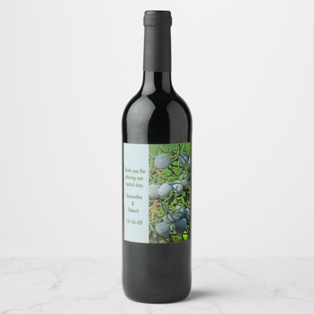 Rustic Wedding Pine Branch Berries Thank You Wine Label (Front)