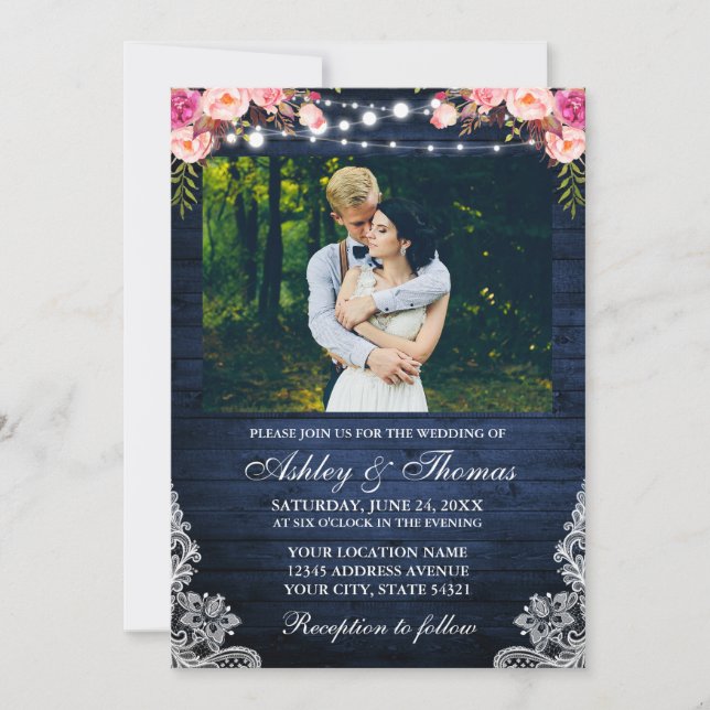 Rustic Wedding Pink Floral Blue Wood Lights Photo Invitation (Front)