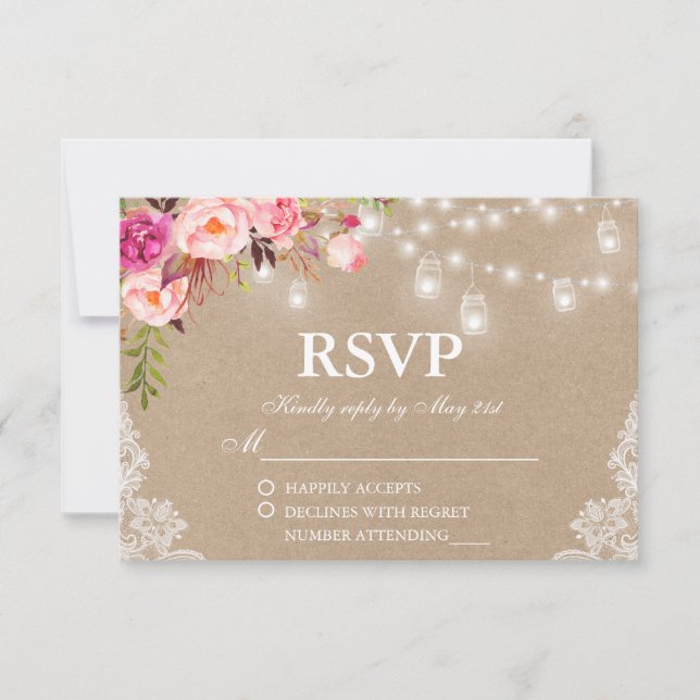 Rustic Wedding Pink Floral Lights Jars Kraft RSVP (Front)