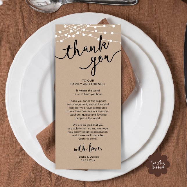 Rustic Wedding Place Setting Dinner Thank you Card (Rustic Wedding Place Setting Rehearsal Dinner Thank you Card in brown kraft string lights theme)