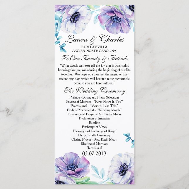 Rustic Wedding Program Anemone Watercolor Flower (Front)