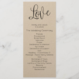Rustic wedding program. Love. Kraft ceremony card