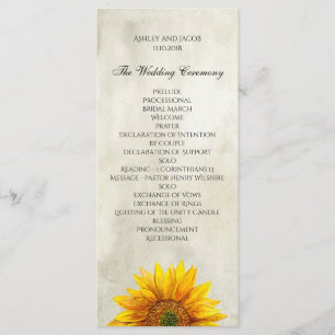 Rustic wedding program. Sunflower ceremony card