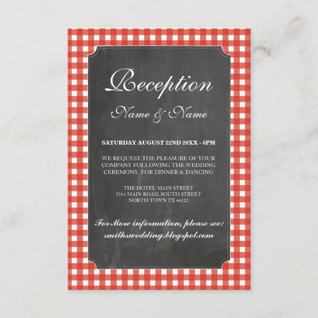 Rustic Wedding Reception Cards Red Check Chalk (Front)