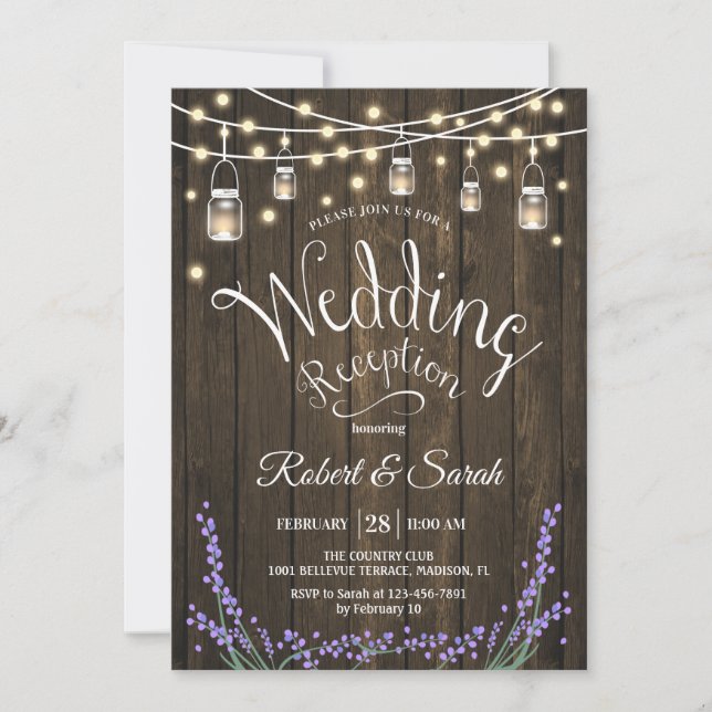 Rustic Wedding Reception - Wood, Lavender & Lights Invitation (Front)