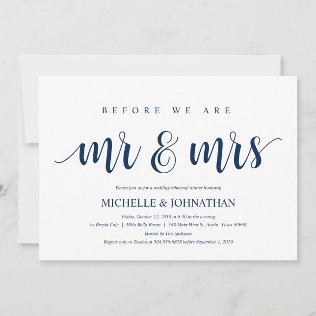 Rustic Wedding Rehearsal Dinner, Navy Blue Invitation (Front)