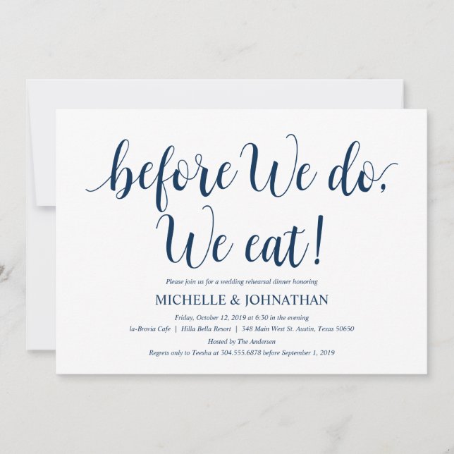 Rustic Wedding Rehearsal Dinner, Navy Blue Invitation (Front)