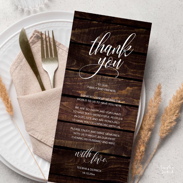 Rustic Wedding Rehearsal Dinner Thank You Card (Modern Rustic Wedding Reception Dinner Lunch Brunch Thank You Card Dark Wood)