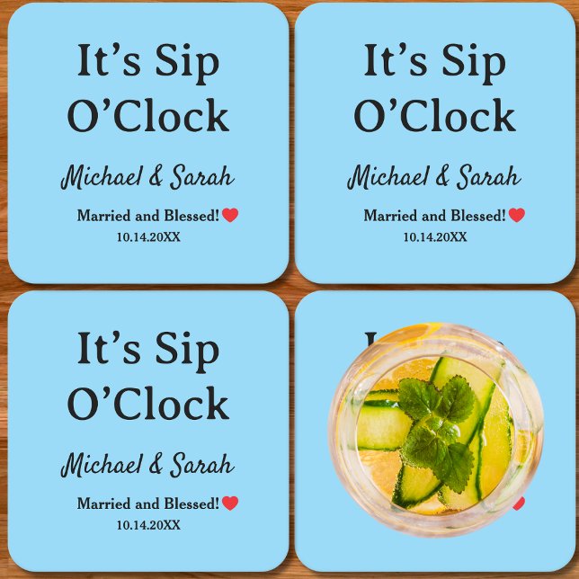 Rustic Wedding Romantic ‘Sip O'clock’ Custom Blue Square Paper Coaster (Creator Uploaded)