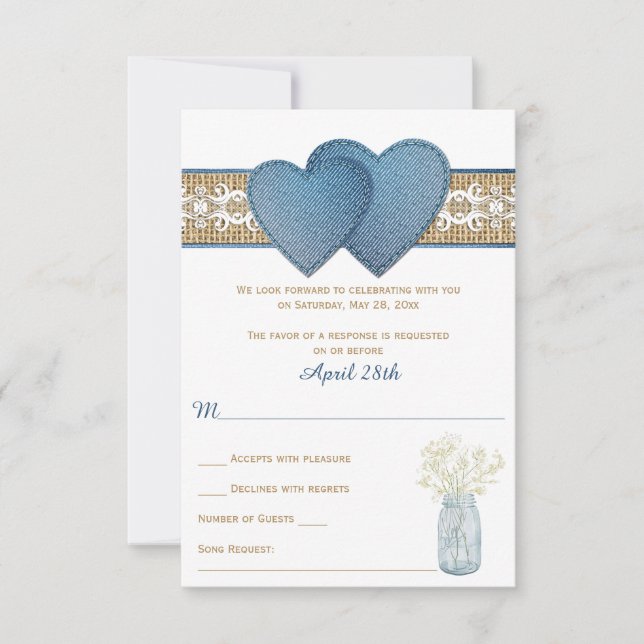 Rustic Wedding RSVP Card | Denim, Lace, Burlap (Front)