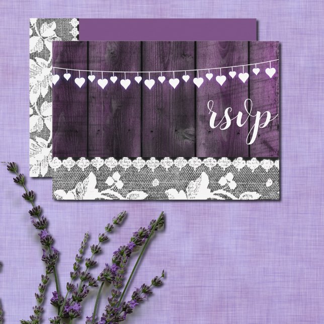 rustic wedding rsvp - wood, lace ,string hearts invitation (Creator Uploaded)
