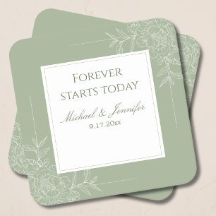 Rustic Wedding Sage Green and White Modern Square Paper Coaster