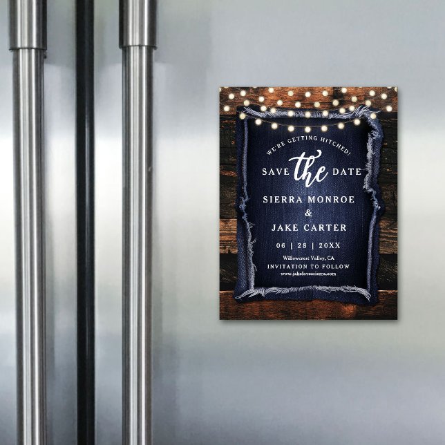 Rustic Wedding Save Date Wood Denim Photo Magnet (rustic wedding save the date magnet barn wood slice grain denim ranch country western casual chic)