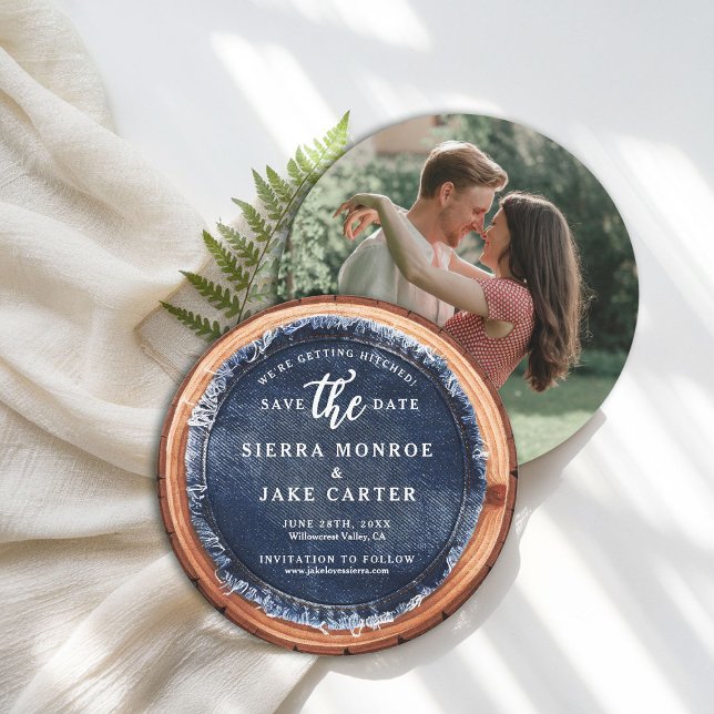 Rustic Wedding Save Date Wood Slice Denim Photo  Invitation (rustic wedding save the date barn wood slice grain denim ranch country western casual chic)