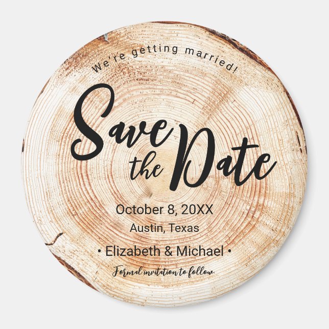 Rustic Wedding Save the date faux wood slice Magnet (Front)