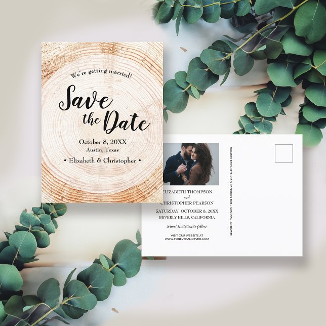 Rustic Wedding Save the date photo Wood Grain Postcard (Rustic wedding tree bark background Save the Date Wedding engagement announcement postcard.)
